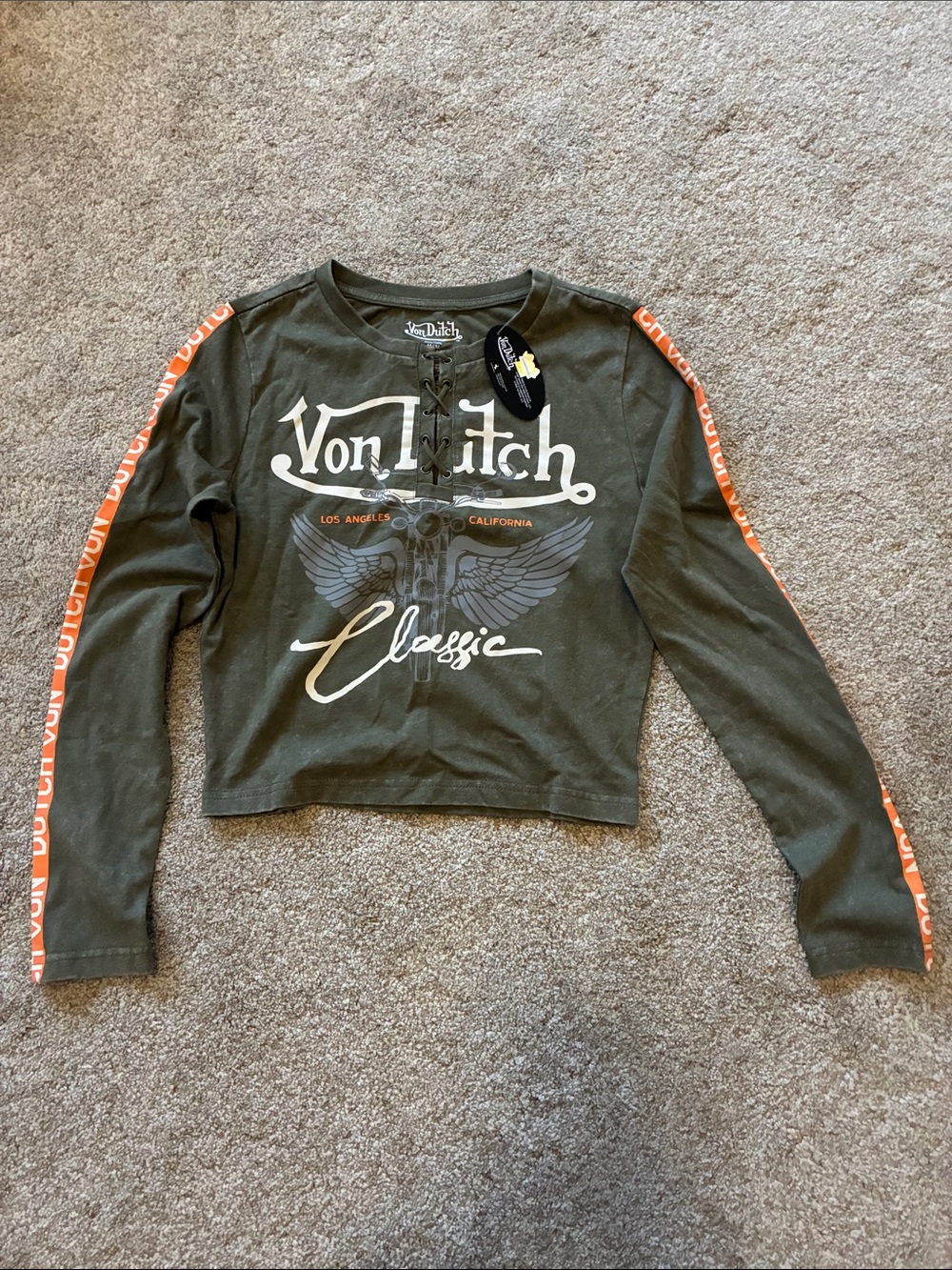 Von Dutch Olive Green Long Sleeve Graphic Tee with Orange Sleeve Accents
